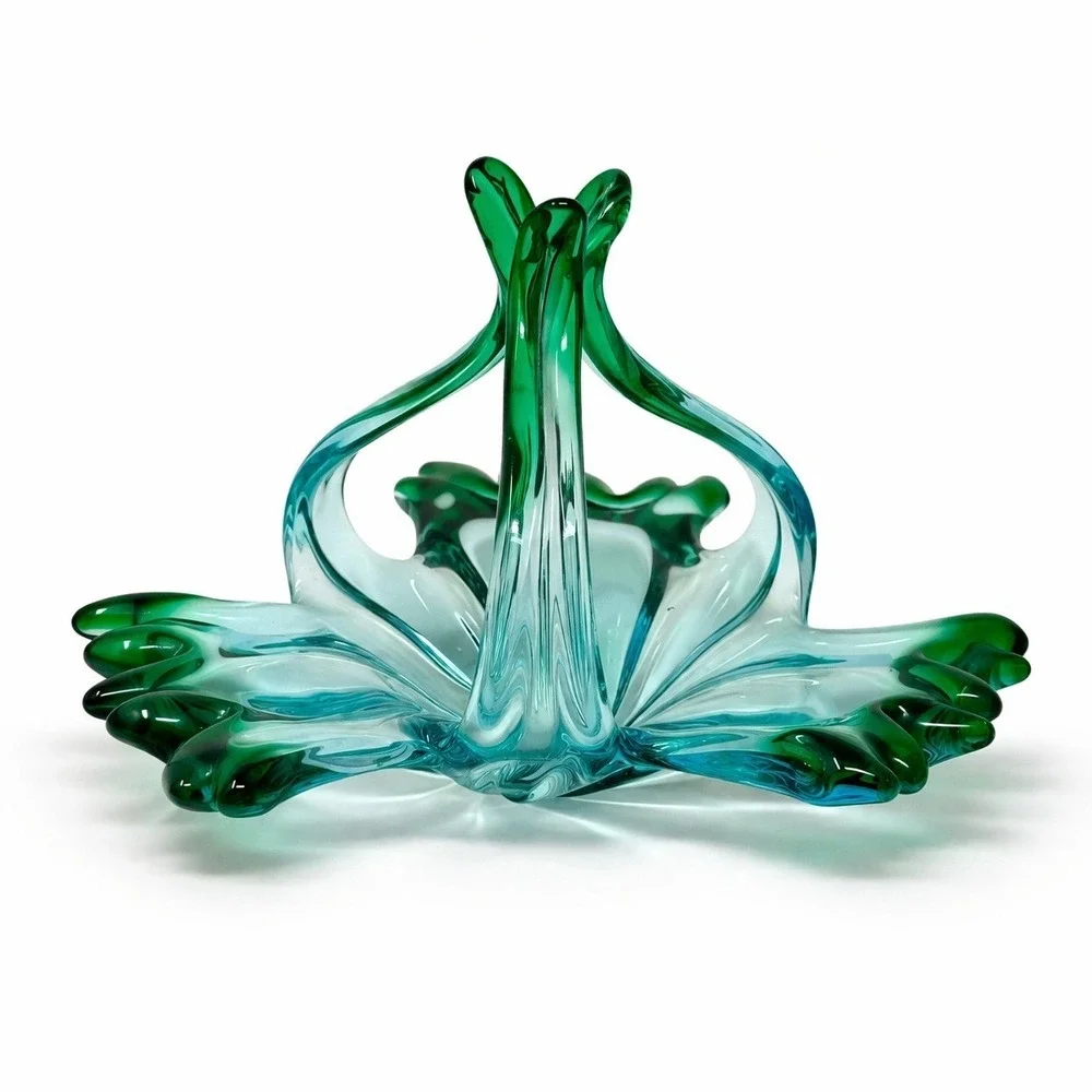 Vintage Murano Style Art Glass Basket Aqua Blue Emerald Green Hand Blown MCM 11